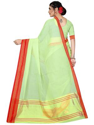 Light green plain cotton silk saree with blouse 3