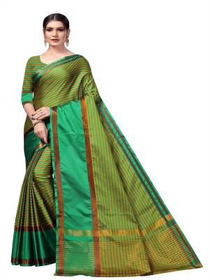 Green plain cotton silk saree with blouse 1
