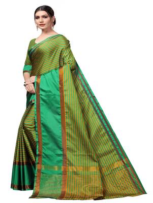 Green plain cotton silk saree with blouse 2