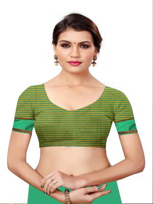 Green plain cotton silk saree with blouse 4
