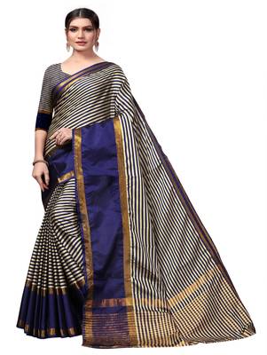 Navy blue plain cotton silk saree with blouse 1