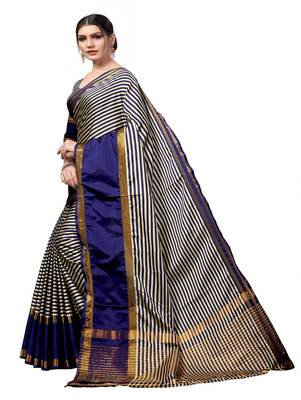 Navy blue plain cotton silk saree with blouse 2