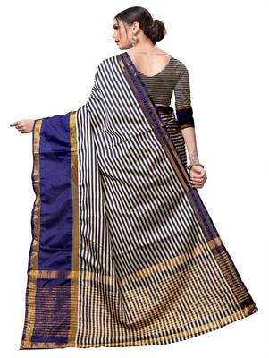 Navy blue plain cotton silk saree with blouse 3