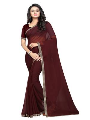 Brown plain georgette saree with blouse 1