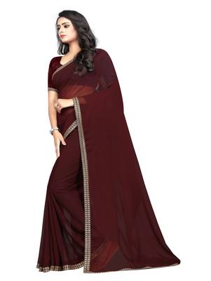 Brown plain georgette saree with blouse 2