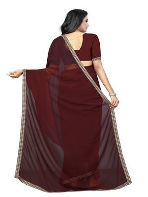 Brown plain georgette saree with blouse 3