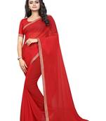 Blood red plain georgette saree with blouse