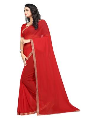 Blood red plain georgette saree with blouse 2