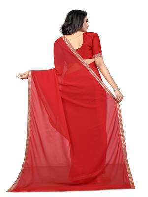 Blood red plain georgette saree with blouse 3