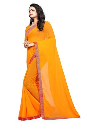 Mustard plain georgette saree with blouse 2
