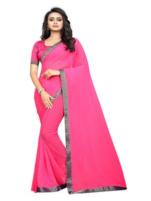 Pink plain georgette saree with blouse 1