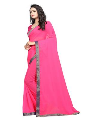 Pink plain georgette saree with blouse 2