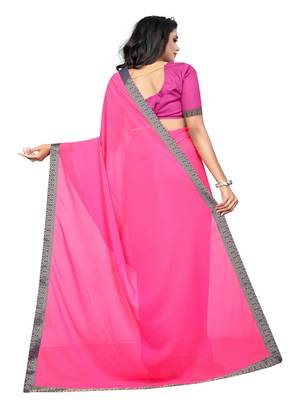 Pink plain georgette saree with blouse 3