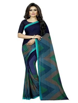 Navy blue printed georgette saree with blouse 1