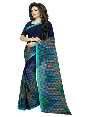 Navy blue printed georgette saree with blouse 2