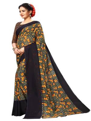 Navy blue printed georgette saree with blouse 2