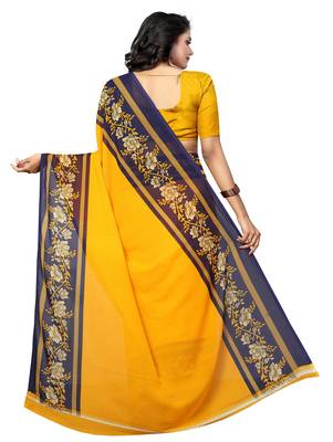 Yellow printed georgette saree with blouse 3