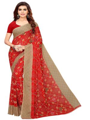 Red printed georgette saree with blouse 1
