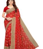 Red printed georgette saree with blouse
