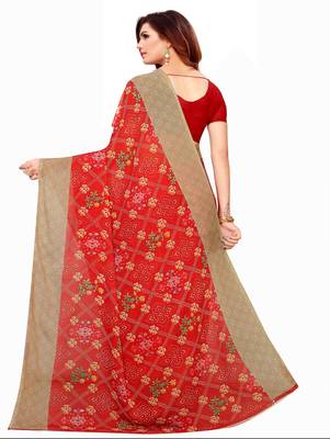 Red printed georgette saree with blouse 3