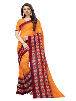 Orange printed georgette saree with blouse 1
