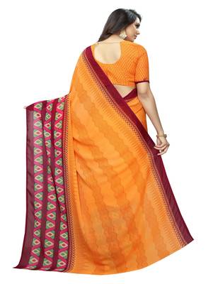 Orange printed georgette saree with blouse 3