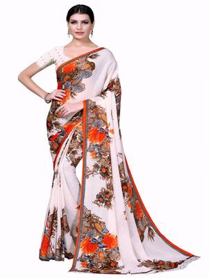 White printed georgette saree with blouse 1