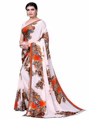 White printed georgette saree with blouse 2