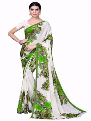 White printed georgette saree with blouse 1