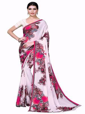 White printed georgette saree with blouse 1