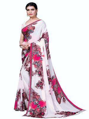 White printed georgette saree with blouse 2