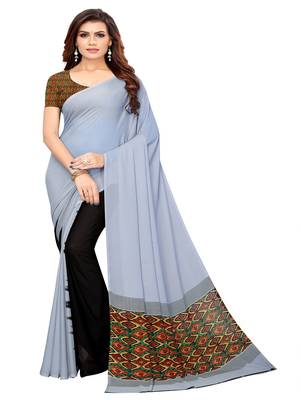 Grey printed georgette saree with blouse 1