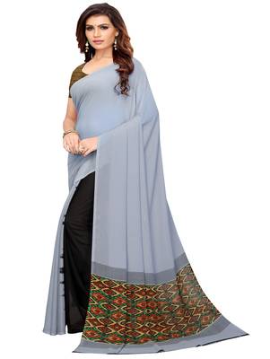 Grey printed georgette saree with blouse 2