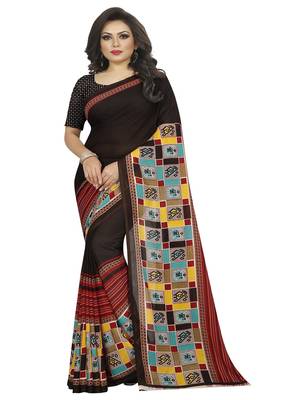 Brown printed georgette saree with blouse 1