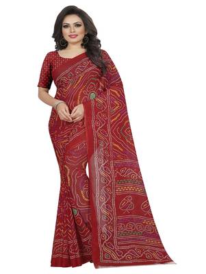 Red printed georgette saree with blouse 1