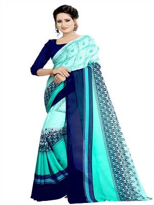 Sky blue printed georgette saree with blouse 1