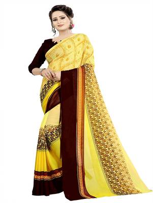 Yellow printed georgette saree with blouse 1