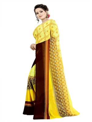 Yellow printed georgette saree with blouse 2