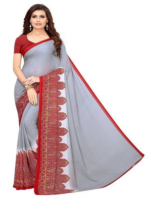 Grey printed georgette saree with blouse 1