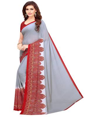 Grey printed georgette saree with blouse 2