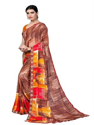 Coffee printed georgette saree with blouse 2