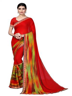 Blood red printed georgette saree with blouse 1