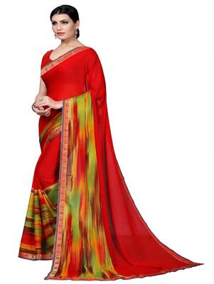 Blood red printed georgette saree with blouse 2