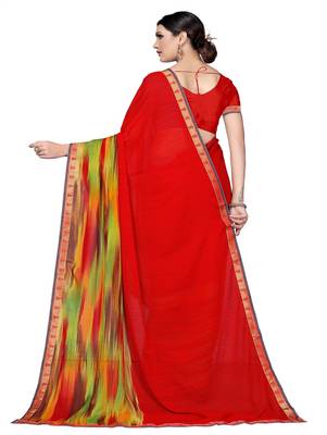 Blood red printed georgette saree with blouse 3