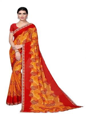 Mustard printed georgette saree with blouse 1