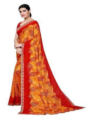 Mustard printed georgette saree with blouse 2