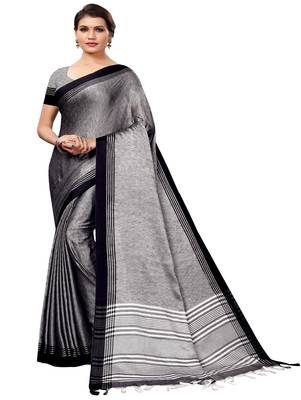 Grey plain cotton saree with blouse 1