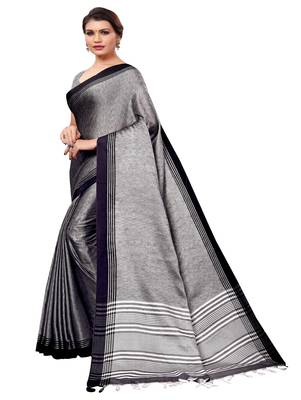 Grey plain cotton saree with blouse 2