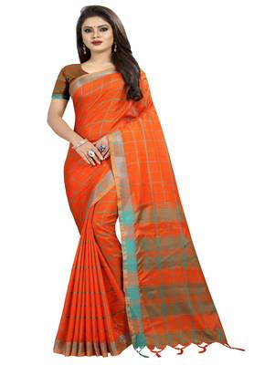 Orange plain linen saree with blouse 1