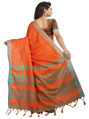 Orange plain linen saree with blouse 3